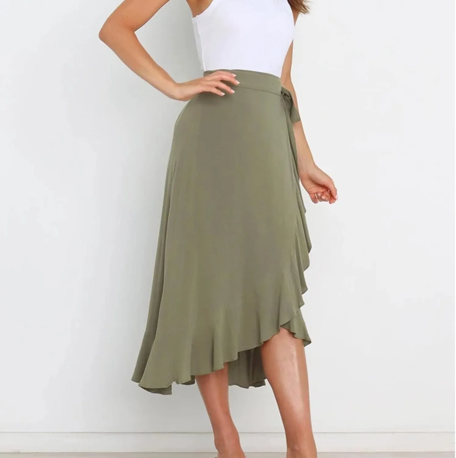 Women Trendy 2025 Bowknot Belt Waist Skirts Elegant Pleated Wrap Flared Long Swing Skirt Boho Flowy Beach Outfit