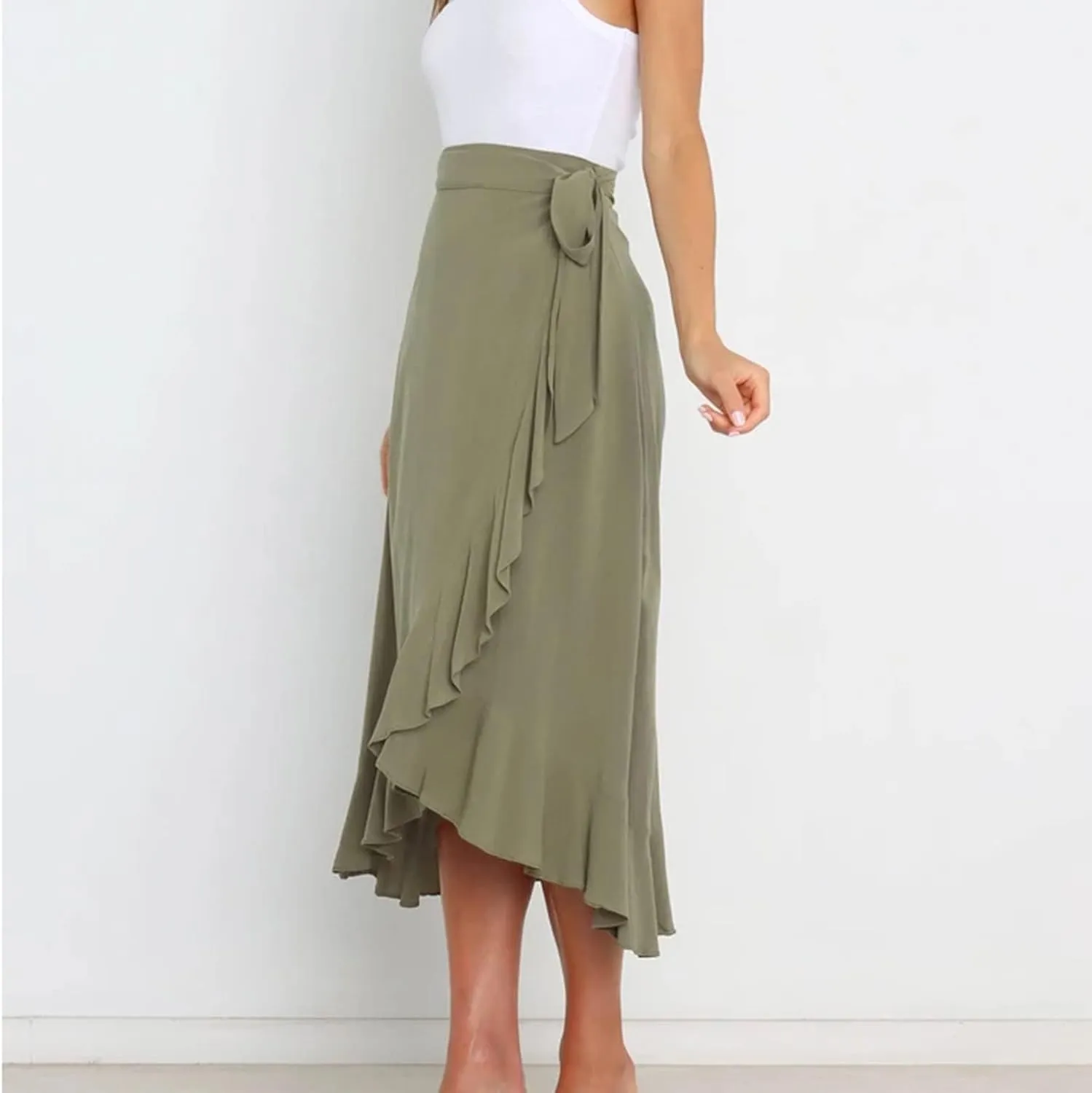 Women Trendy 2025 Bowknot Belt Waist Skirts Elegant Pleated Wrap Flared Long Swing Skirt Boho Flowy Beach Outfit