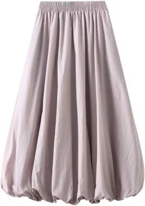 Women Y2K Bubble Long Skirt A Line Elastic Waist Pleated Balloon Solid Color Midi Dress Casual Loose Puffy Maxi Skirts