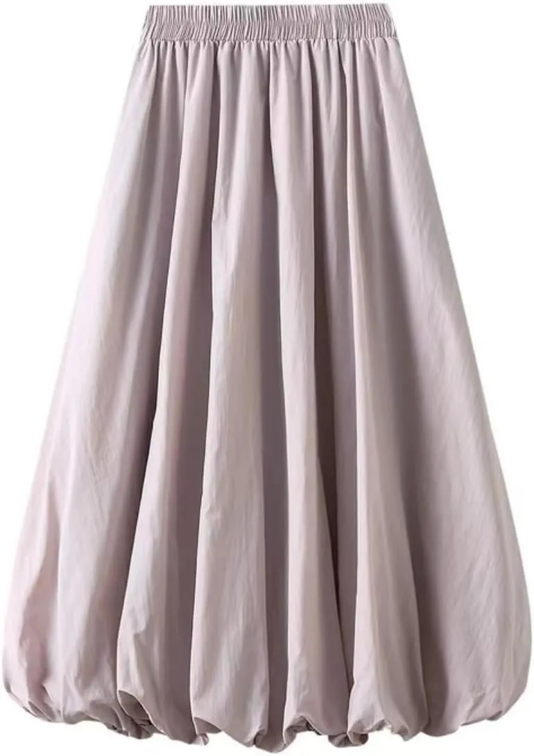 Women Y2K Bubble Long Skirt A Line Elastic Waist Pleated Balloon Solid Color Midi Dress Casual Loose Puffy Maxi Skirts