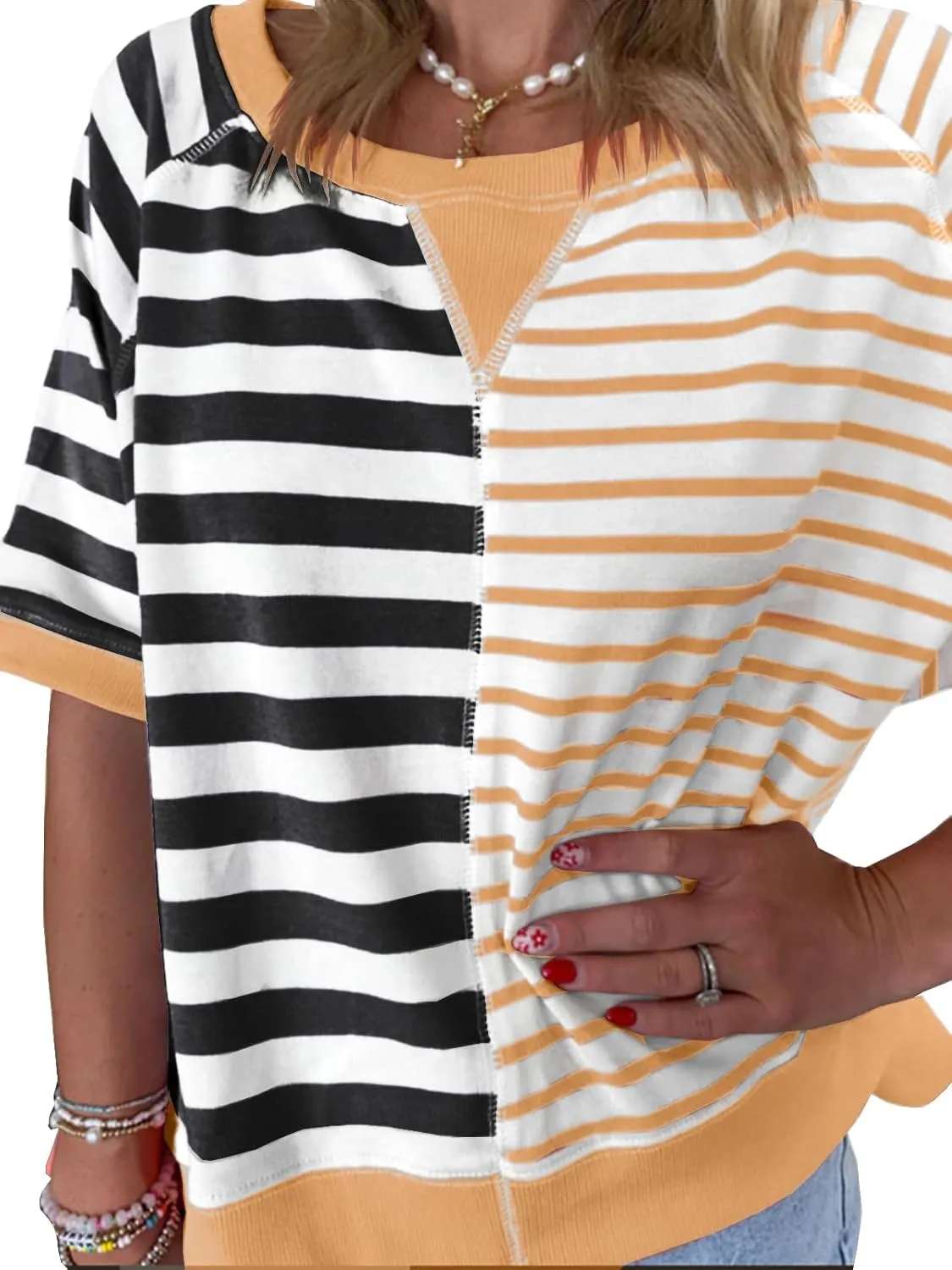Womens 2025 Oversized Short Sleeve Sweatshirt Striped Shirt Crewneck Pullover Loose Crop Tops