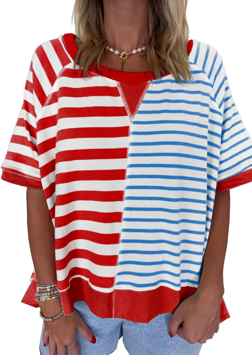 Womens 2025 Oversized Short Sleeve Sweatshirt Striped Shirt Crewneck Pullover Loose Crop Tops
