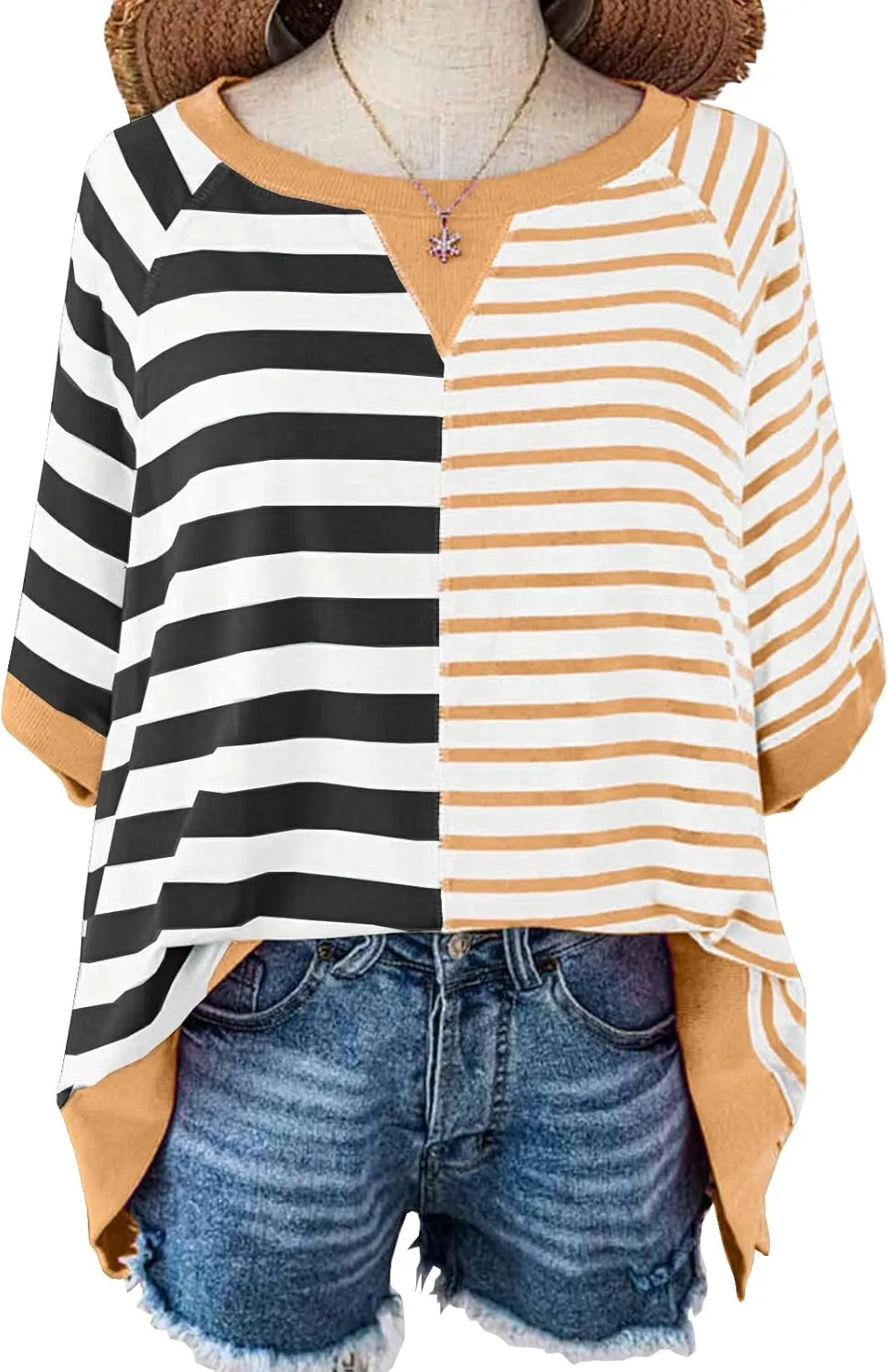 Womens 2025 Oversized Short Sleeve Sweatshirt Striped Shirt Crewneck Pullover Loose Crop Tops