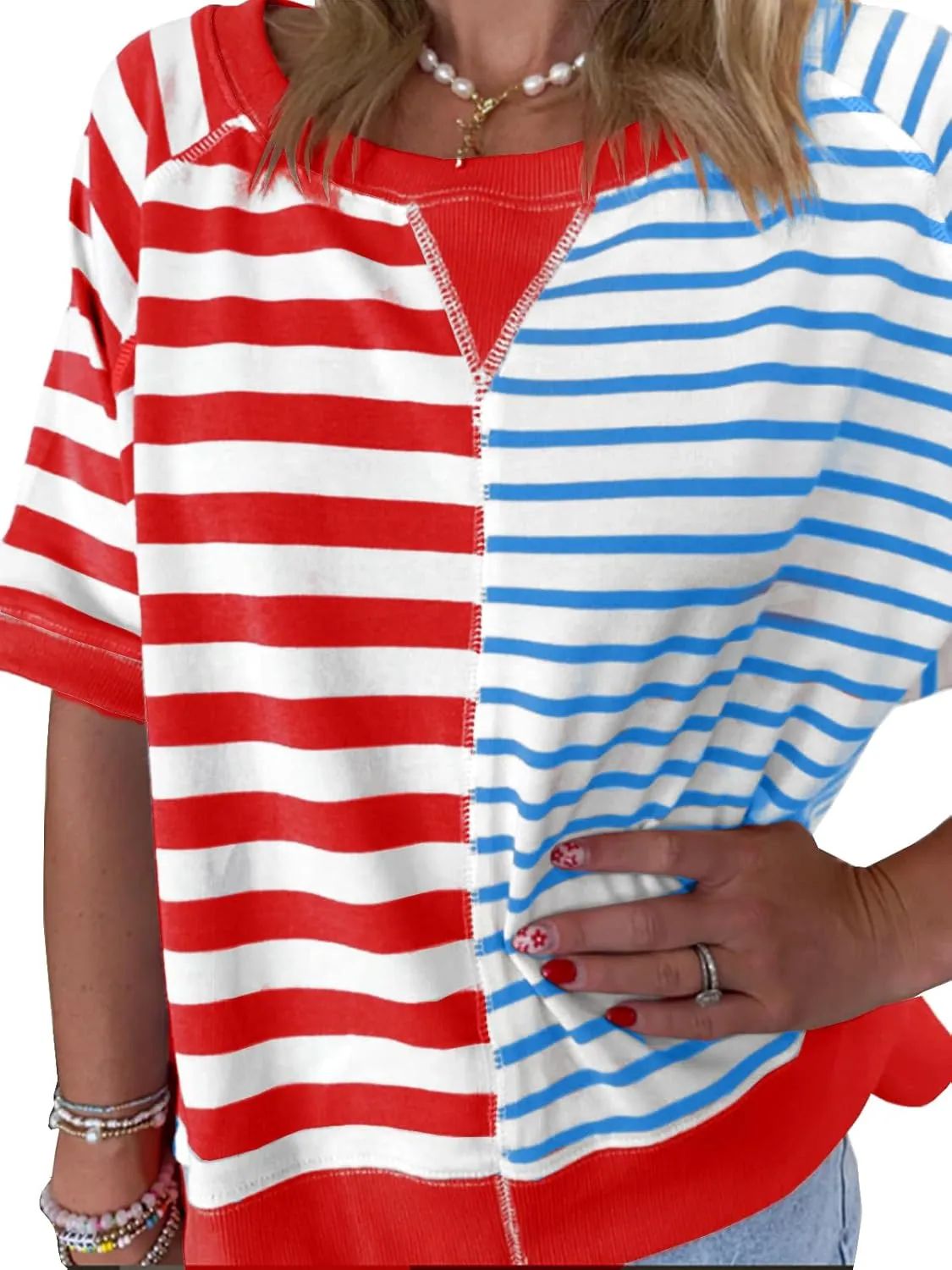 Womens 2025 Oversized Short Sleeve Sweatshirt Striped Shirt Crewneck Pullover Loose Crop Tops