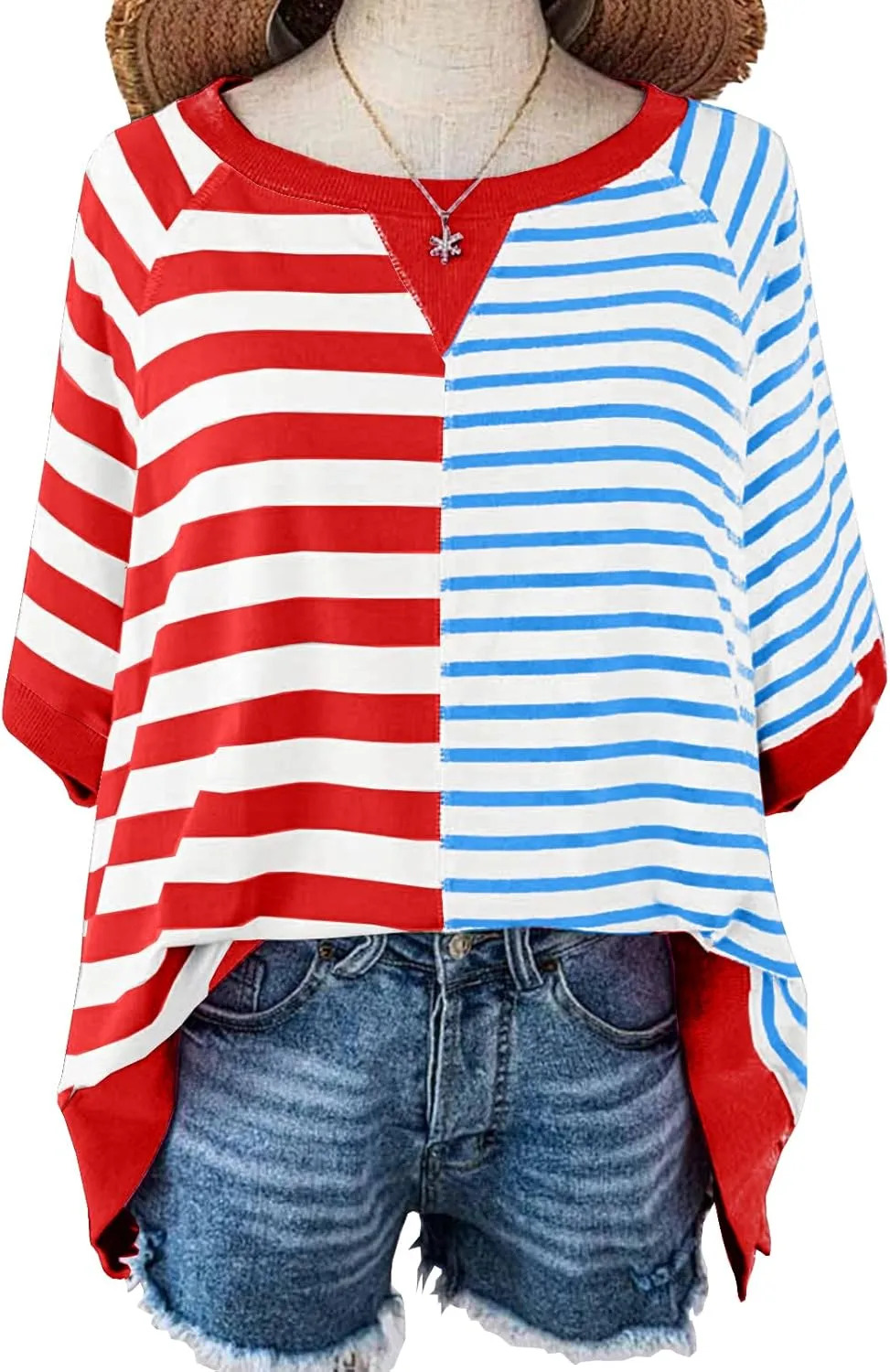Womens 2025 Oversized Short Sleeve Sweatshirt Striped Shirt Crewneck Pullover Loose Crop Tops