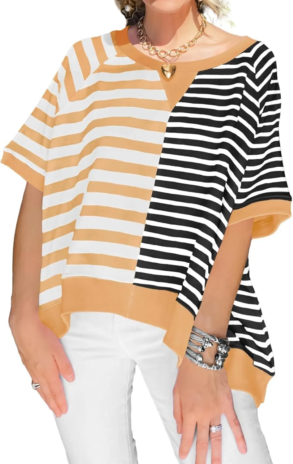 Womens 2025 Oversized Short Sleeve Sweatshirt Striped Shirt Crewneck Pullover Loose Crop Tops