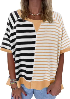 Womens 2025 Oversized Short Sleeve Sweatshirt Striped Shirt Crewneck Pullover Loose Crop Tops
