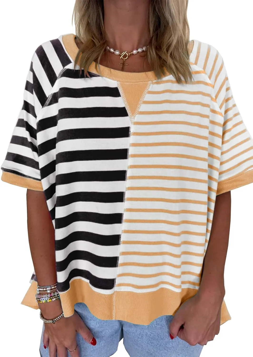 Womens 2025 Oversized Short Sleeve Sweatshirt Striped Shirt Crewneck Pullover Loose Crop Tops