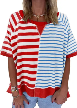 Womens 2025 Oversized Short Sleeve Sweatshirt Striped Shirt Crewneck Pullover Loose Crop Tops