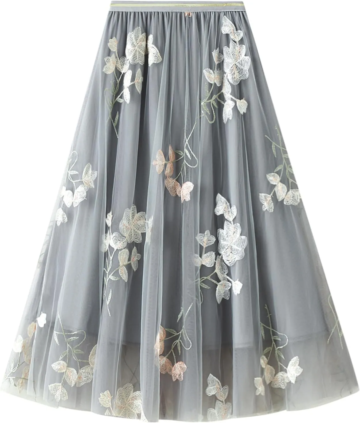 Women's 50s Vintage Floral Embroidery Midi Skirt High Waist Mesh Summer Cocktail Tea Party A-Line Layered Skirt