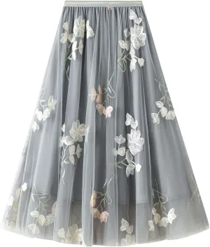 Women's 50s Vintage Floral Embroidery Midi Skirt High Waist Mesh Summer Cocktail Tea Party A-Line Layered Skirt