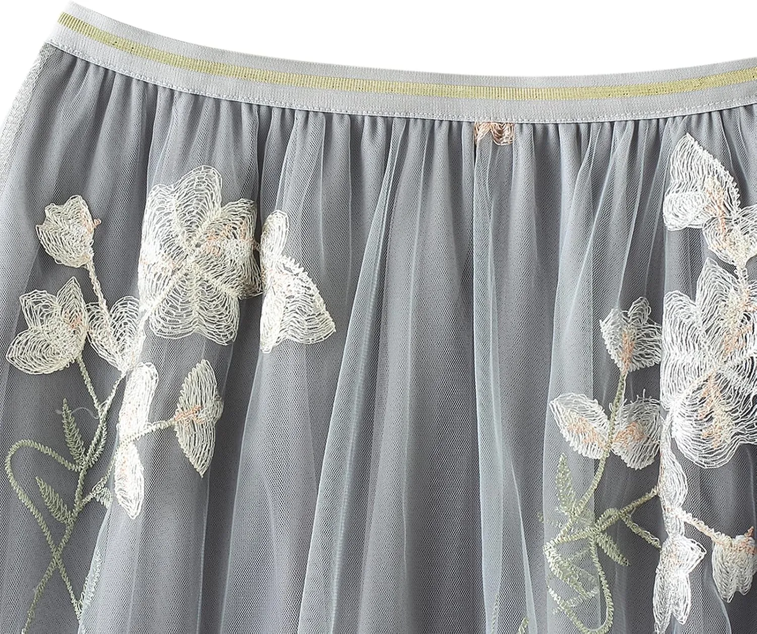 Women's 50s Vintage Floral Embroidery Midi Skirt High Waist Mesh Summer Cocktail Tea Party A-Line Layered Skirt