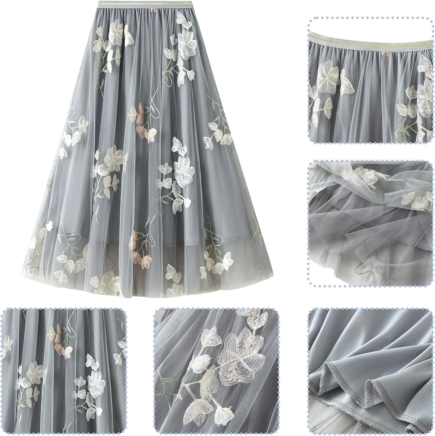 Women's 50s Vintage Floral Embroidery Midi Skirt High Waist Mesh Summer Cocktail Tea Party A-Line Layered Skirt