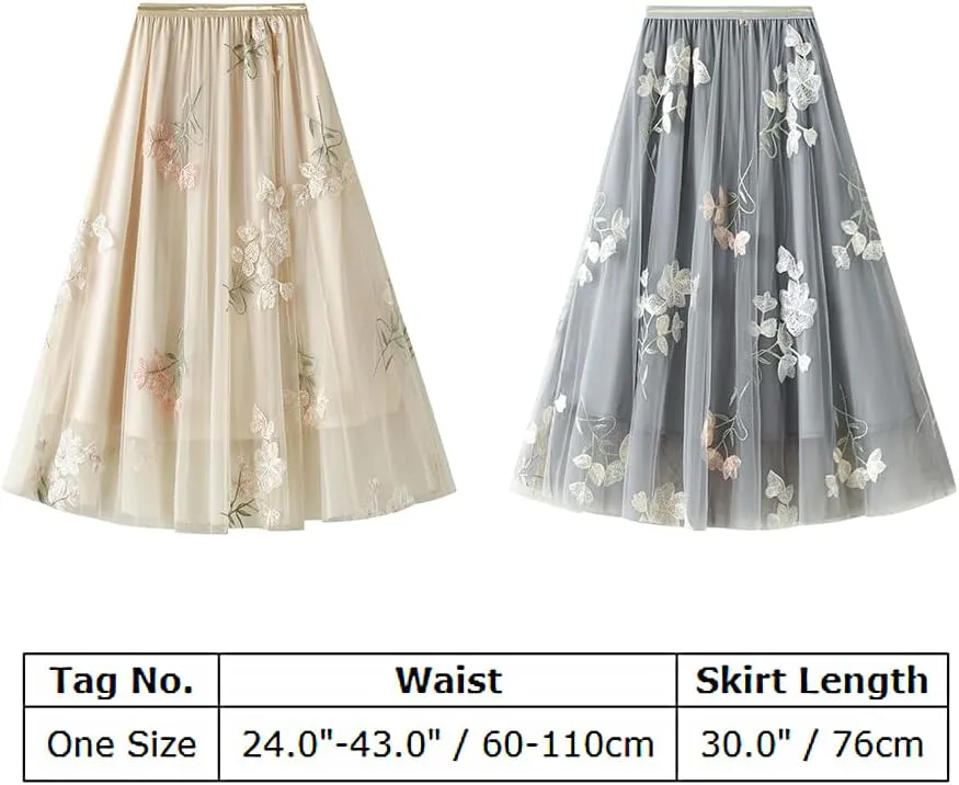 Women's 50s Vintage Floral Embroidery Midi Skirt High Waist Mesh Summer Cocktail Tea Party A-Line Layered Skirt