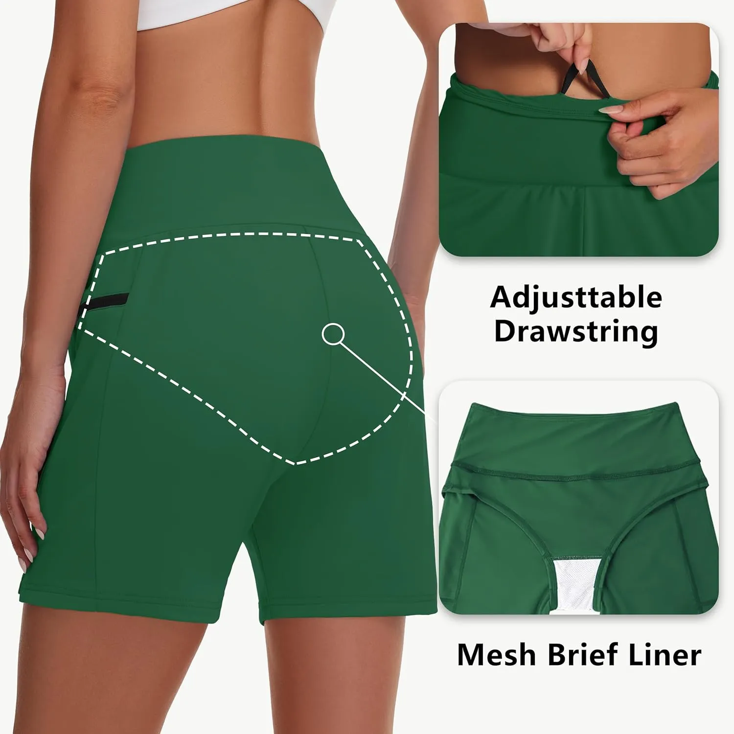 Women's 5" Swim Shorts - Tummy Control High Waisted Loose Fitting with Zipper Pocket Liner Quick Dry Bottom UPF50 
