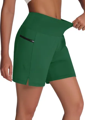Women's 5" Swim Shorts - Tummy Control High Waisted Loose Fitting with Zipper Pocket Liner Quick Dry Bottom UPF50 