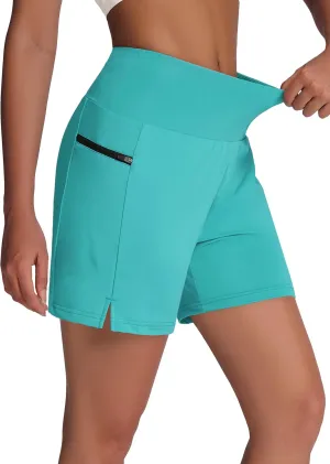 Women's 5" Swim Shorts - Tummy Control High Waisted Loose Fitting with Zipper Pocket Liner Quick Dry Bottom UPF50 
