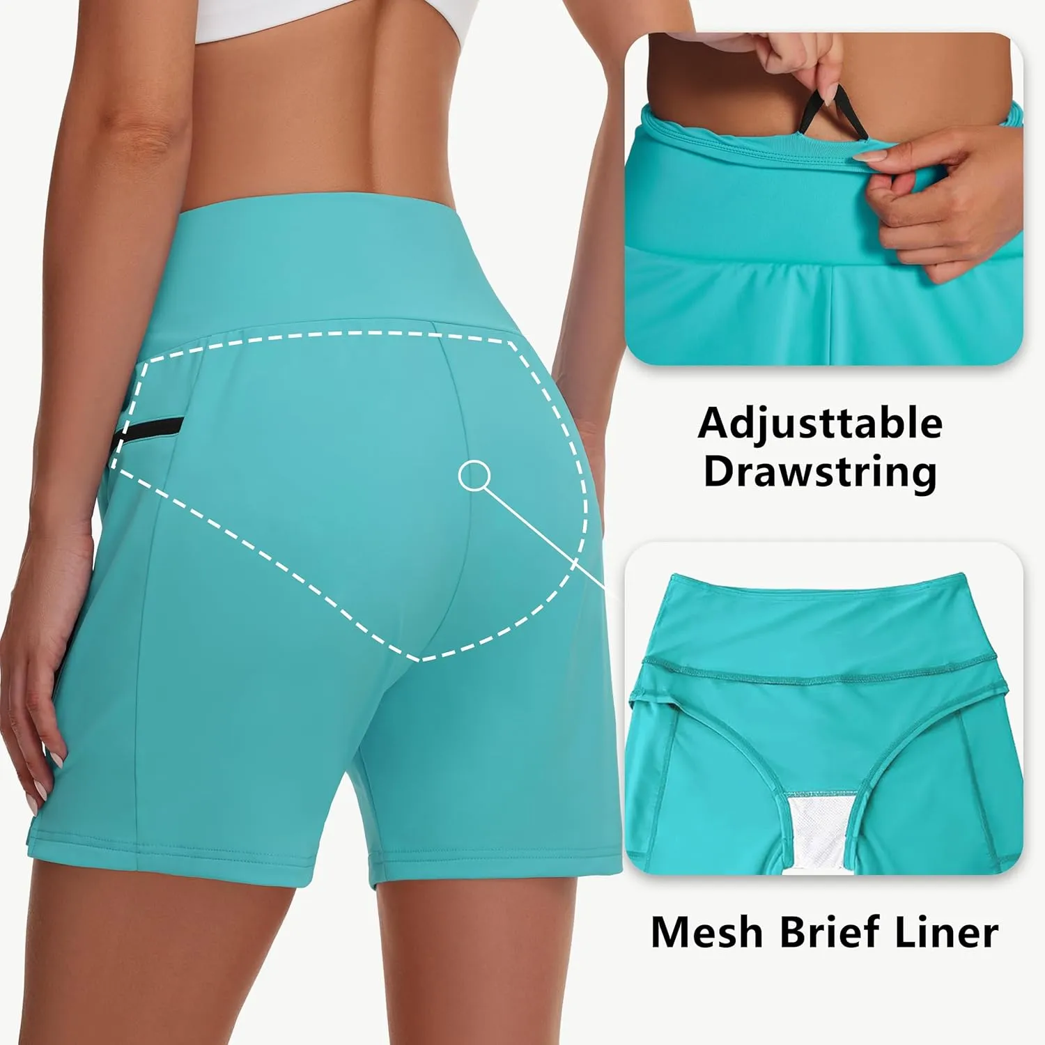 Women's 5" Swim Shorts - Tummy Control High Waisted Loose Fitting with Zipper Pocket Liner Quick Dry Bottom UPF50 