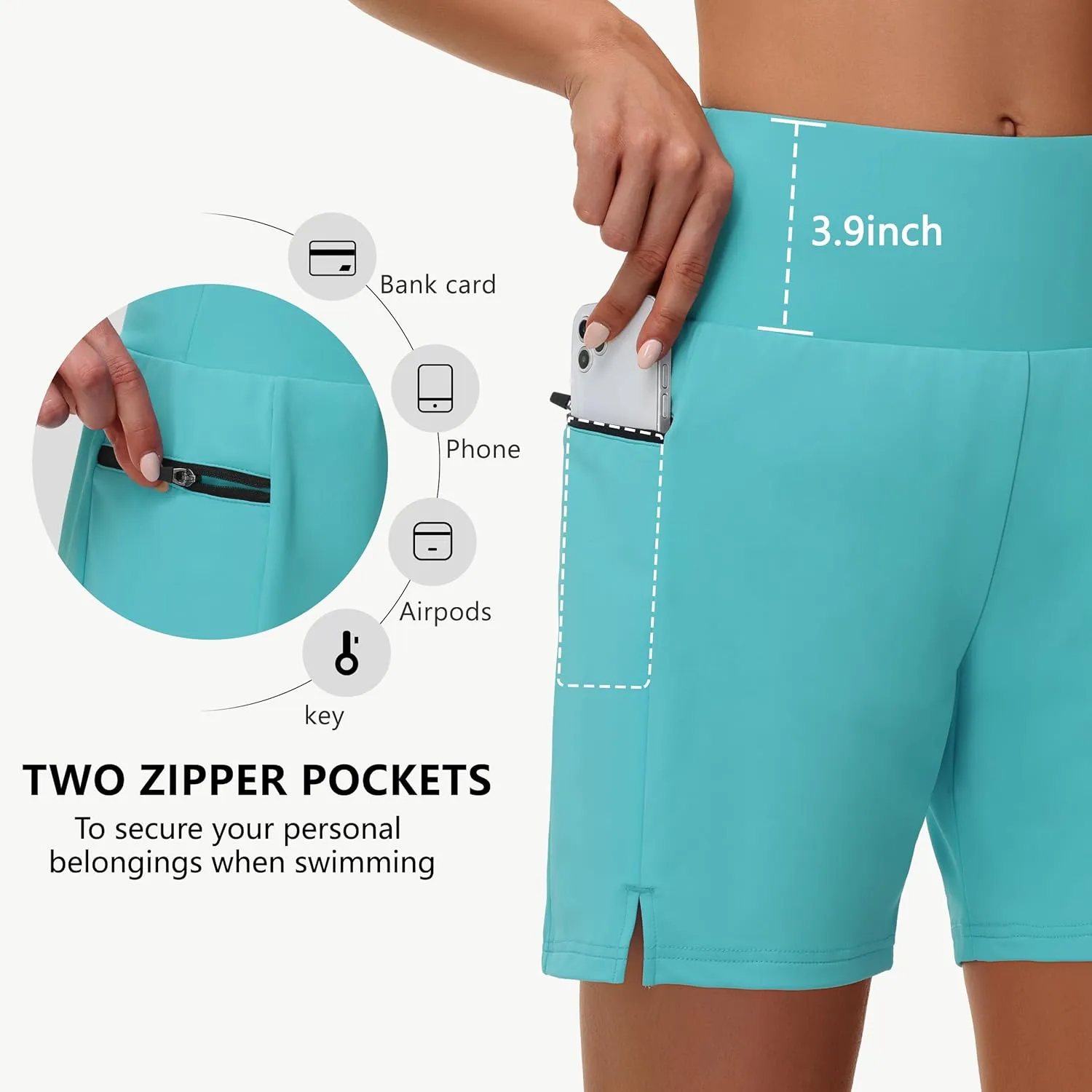 Women's 5" Swim Shorts - Tummy Control High Waisted Loose Fitting with Zipper Pocket Liner Quick Dry Bottom UPF50 