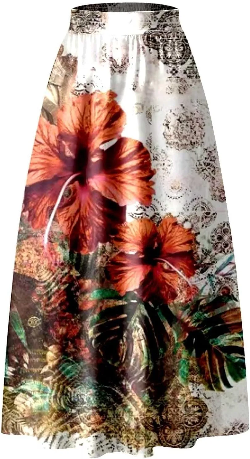 Womens Bohemian Flowy Floral Print Boho Long Maxi Skirts for Women Trendy Summer Casual Pleated Skirt Dress 2025