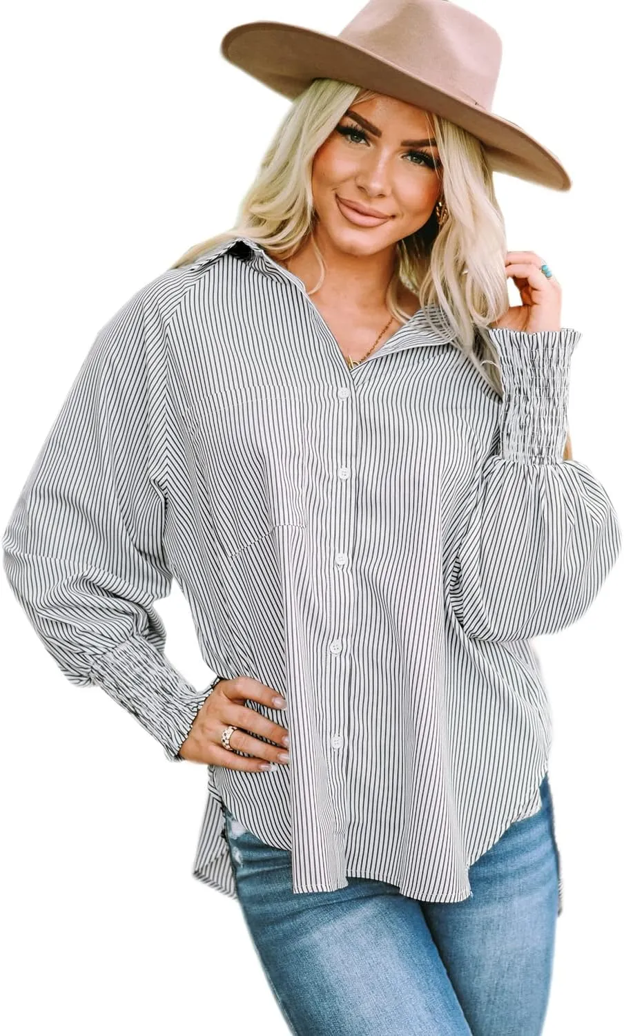 Women's Bubble Long Sleeved Shirt Striped Shacket Jacket Down Blouse Pockets Tops