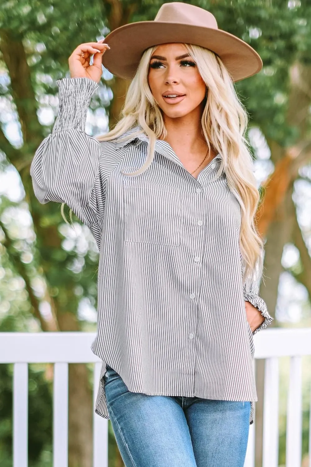 Women's Bubble Long Sleeved Shirt Striped Shacket Jacket Down Blouse Pockets Tops