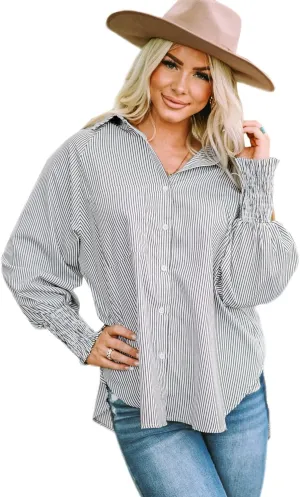 Women's Bubble Long Sleeved Shirt Striped Shacket Jacket Down Blouse Pockets Tops