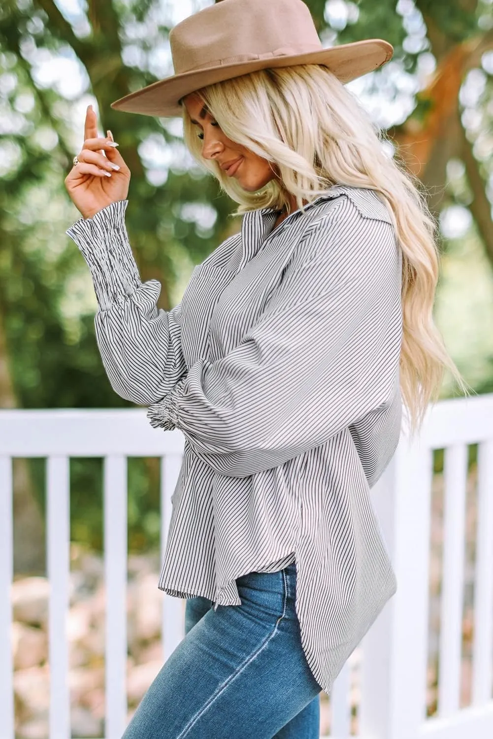 Women's Bubble Long Sleeved Shirt Striped Shacket Jacket Down Blouse Pockets Tops