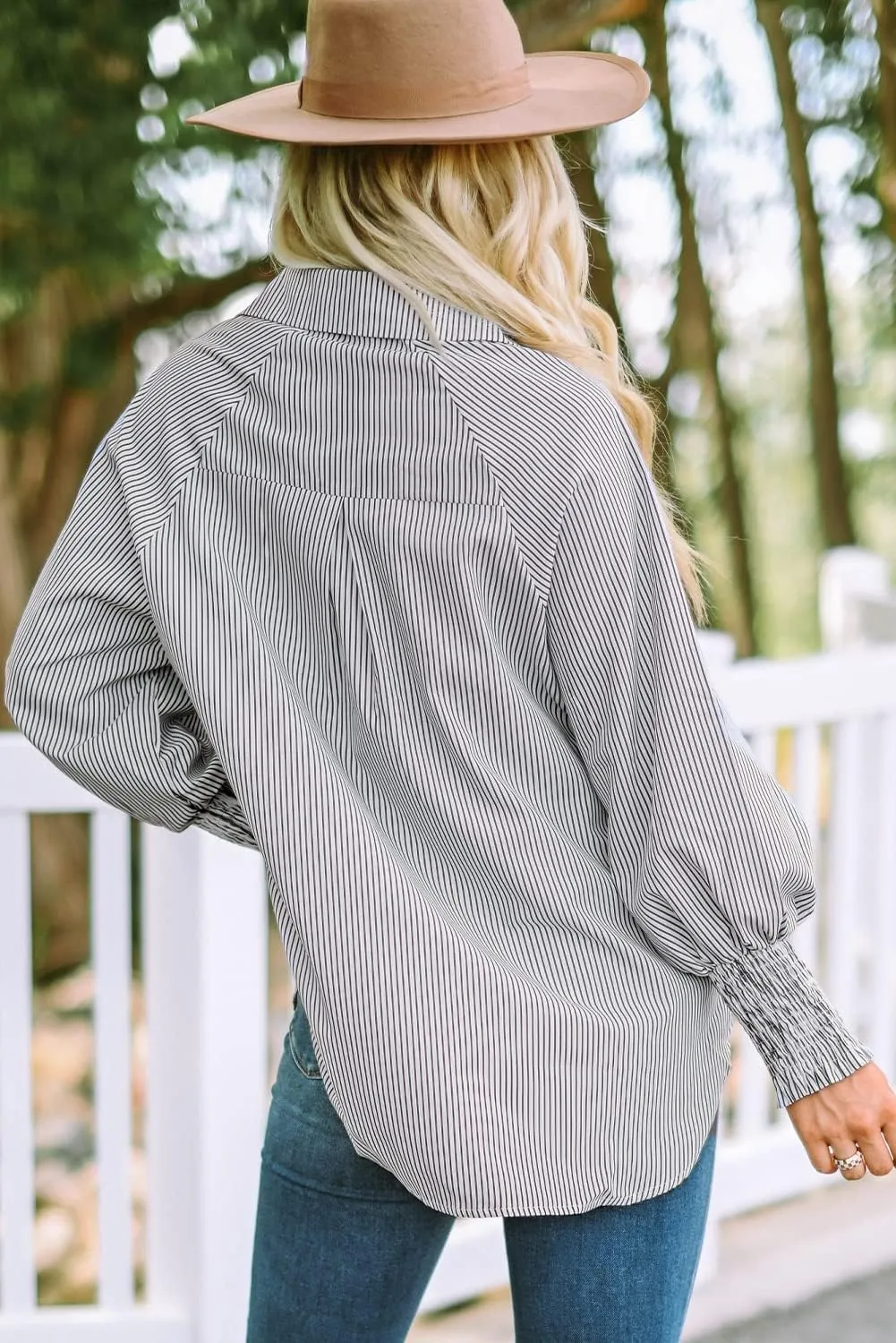 Women's Bubble Long Sleeved Shirt Striped Shacket Jacket Down Blouse Pockets Tops