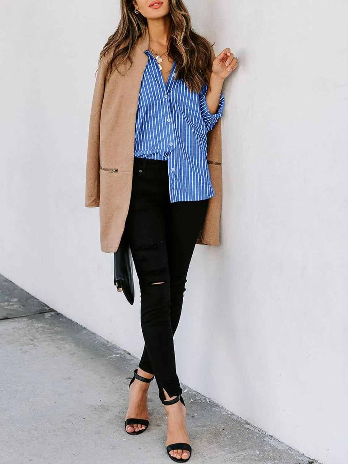Womens Button Down Shirts Cotton Striped Dress Shirt Long Sleeve Collared Office Work Pinstripes Blouses Tops