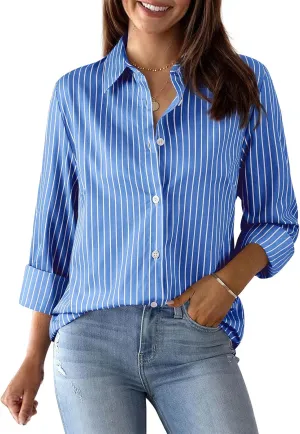 Womens Button Down Shirts Cotton Striped Dress Shirt Long Sleeve Collared Office Work Pinstripes Blouses Tops