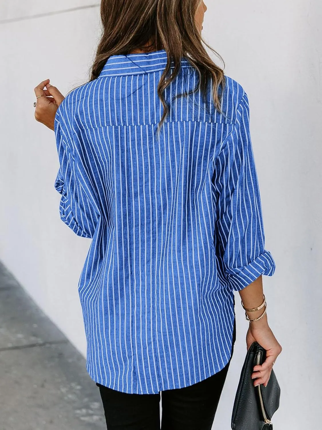 Womens Button Down Shirts Cotton Striped Dress Shirt Long Sleeve Collared Office Work Pinstripes Blouses Tops