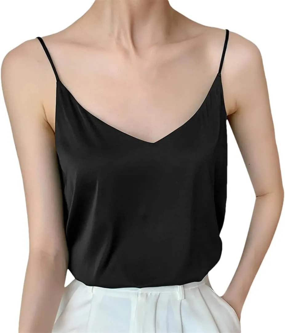 Women's Camisole V Neck Satin Tank Top Sleeveless Sexy Spaghetti Strap Silk Vest