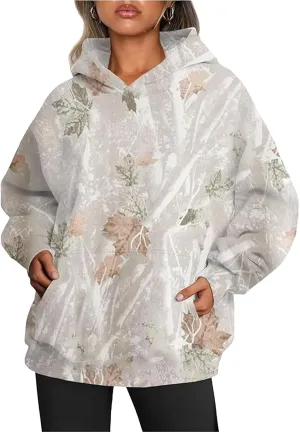 Womens Camo Hoodies Oversized Maple Leaf Print Sweatshirts Fleece Casual Long Sleeve Pullover Sweaters with Pockets