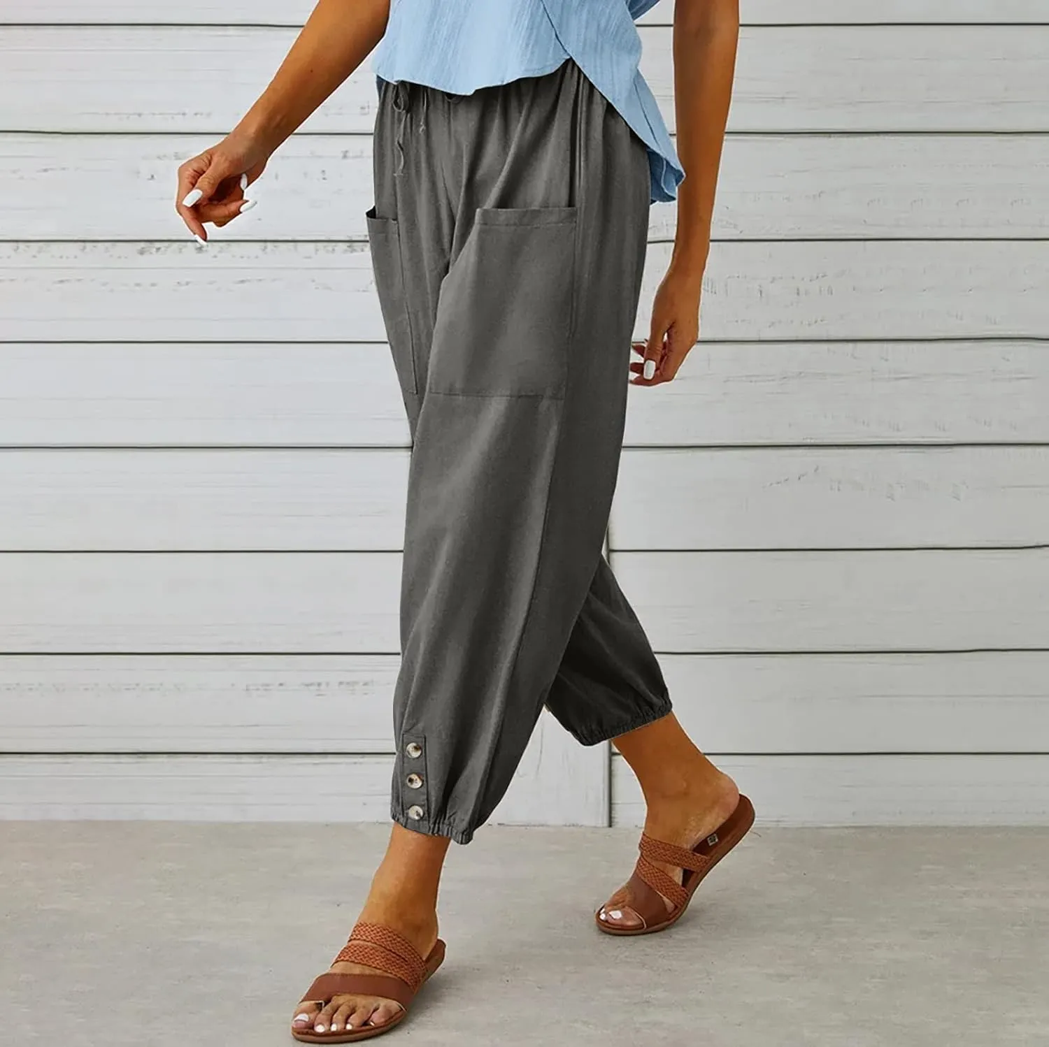 Women's Capri Pants High Waist Drawstring Cinch Bottom with Button Cotton Loose Casual Trouser with Pockets