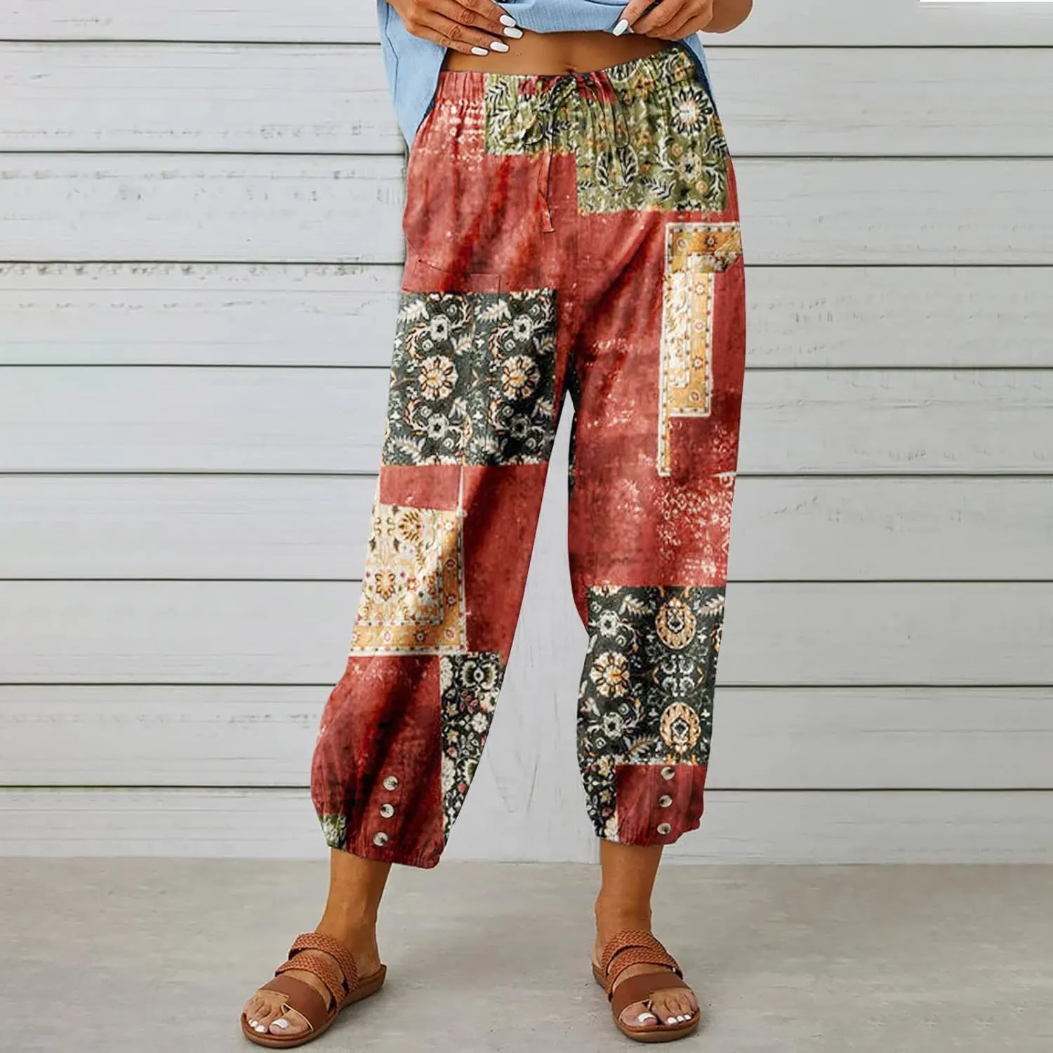 Women's Capri Pants High Waist Drawstring Cinch Bottom with Button Cotton Loose Casual Trouser with Pockets