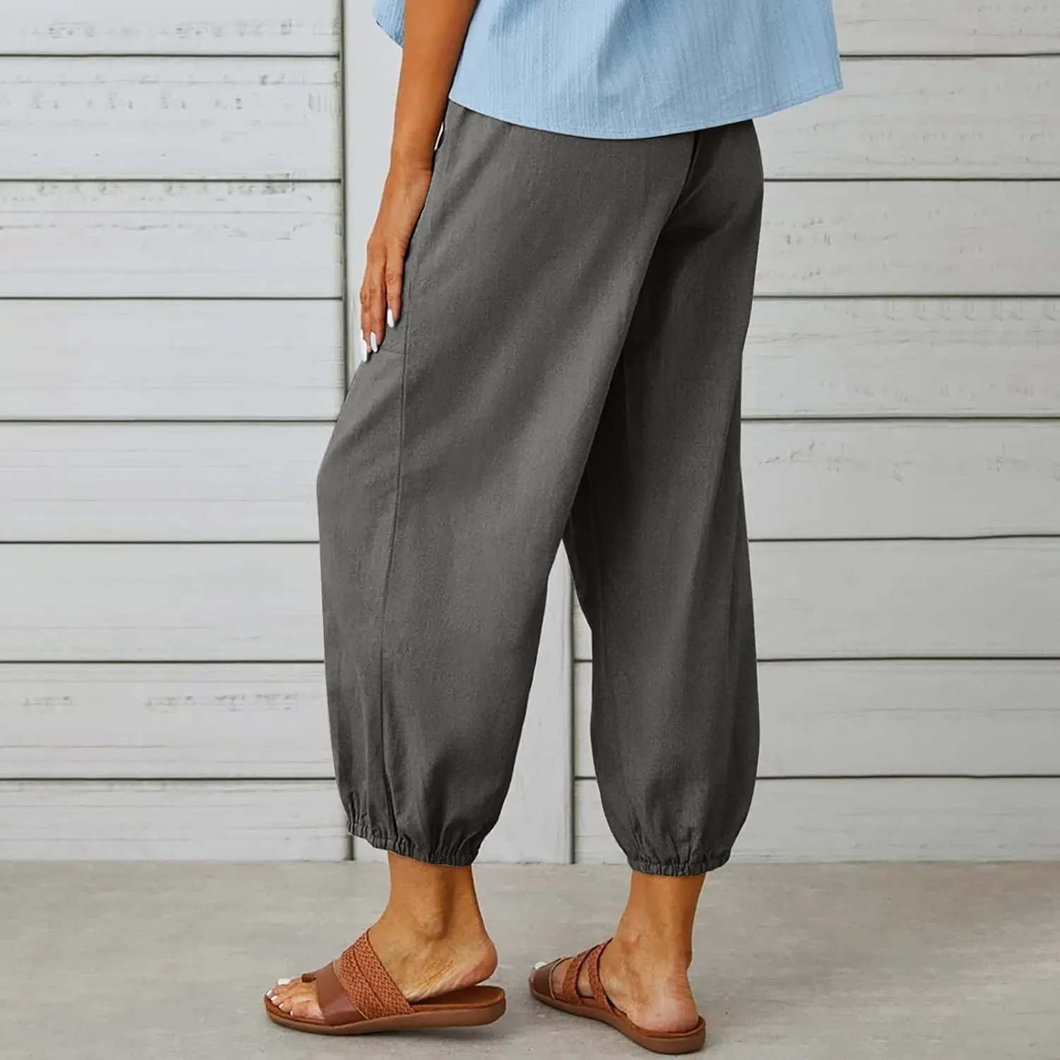 Women's Capri Pants High Waist Drawstring Cinch Bottom with Button Cotton Loose Casual Trouser with Pockets