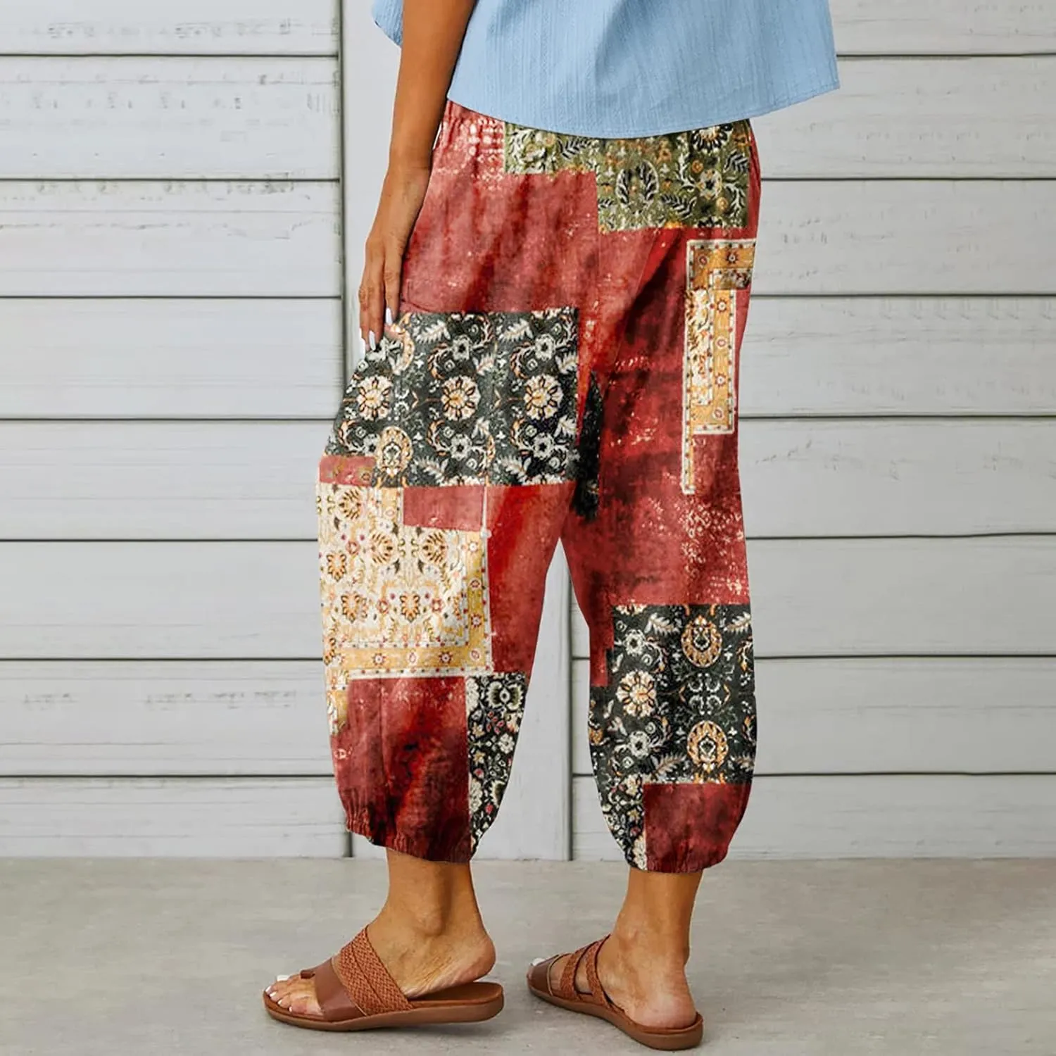 Women's Capri Pants High Waist Drawstring Cinch Bottom with Button Cotton Loose Casual Trouser with Pockets