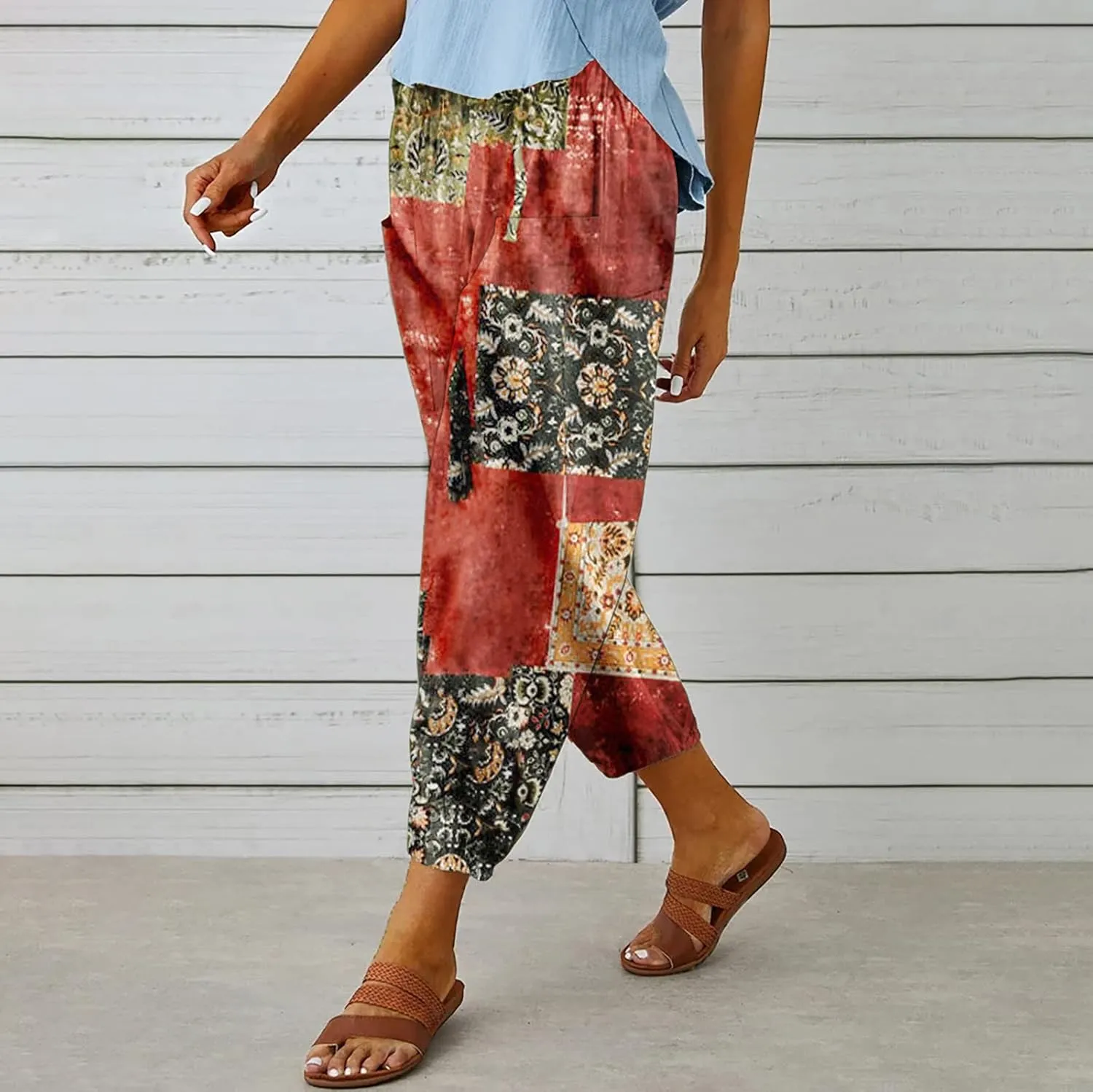Women's Capri Pants High Waist Drawstring Cinch Bottom with Button Cotton Loose Casual Trouser with Pockets