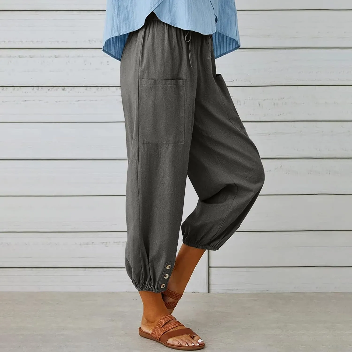 Women's Capri Pants High Waist Drawstring Cinch Bottom with Button Cotton Loose Casual Trouser with Pockets