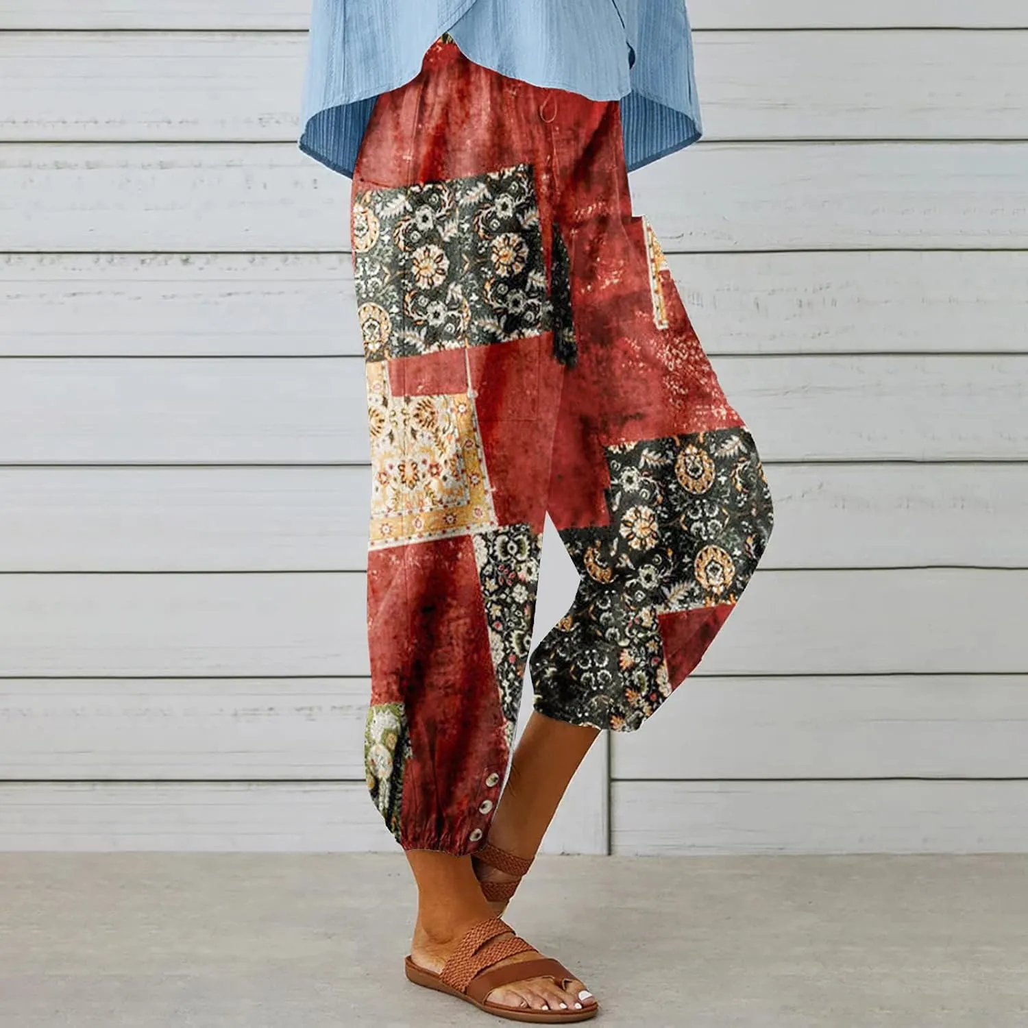 Women's Capri Pants High Waist Drawstring Cinch Bottom with Button Cotton Loose Casual Trouser with Pockets