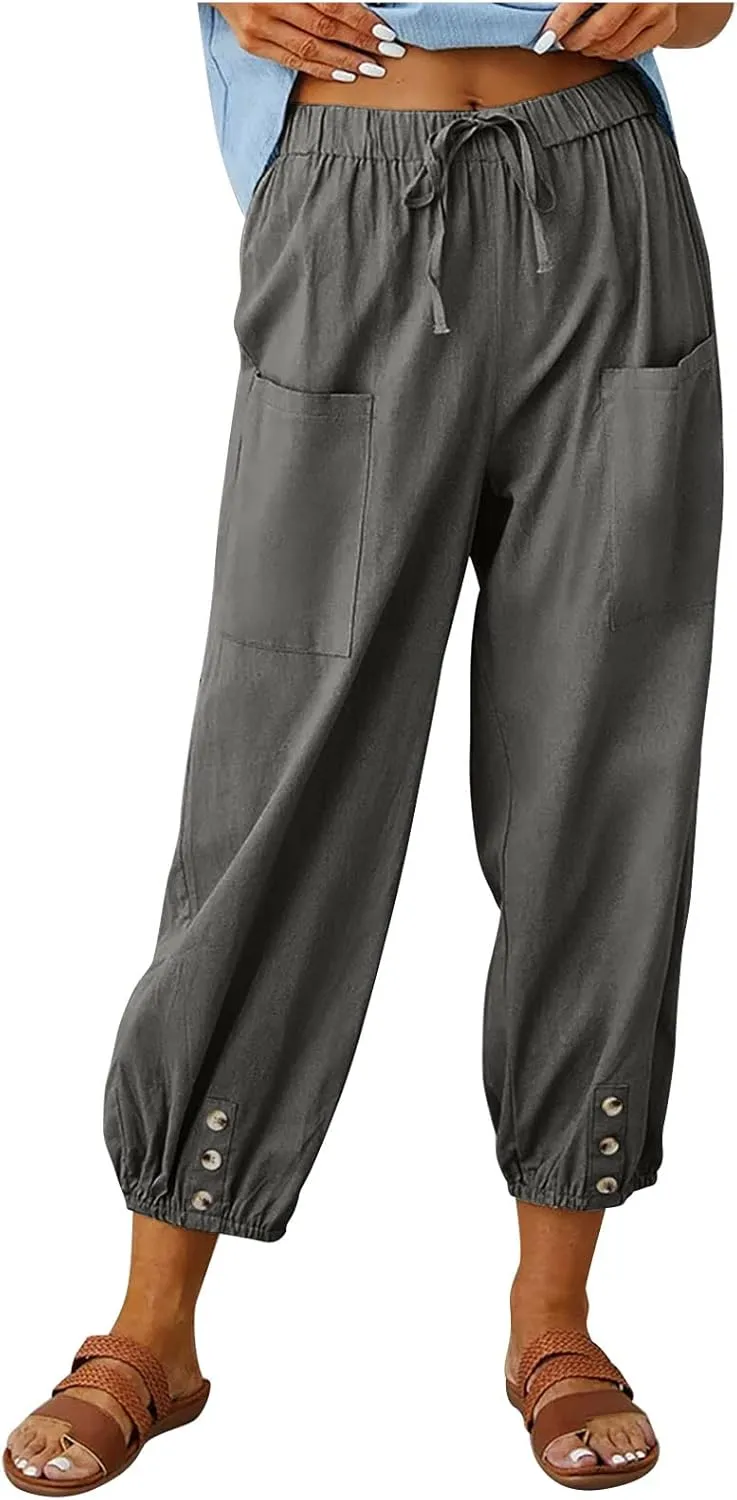 Women's Capri Pants High Waist Drawstring Cinch Bottom with Button Cotton Loose Casual Trouser with Pockets
