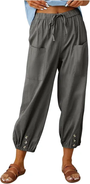 Women's Capri Pants High Waist Drawstring Cinch Bottom with Button Cotton Loose Casual Trouser with Pockets