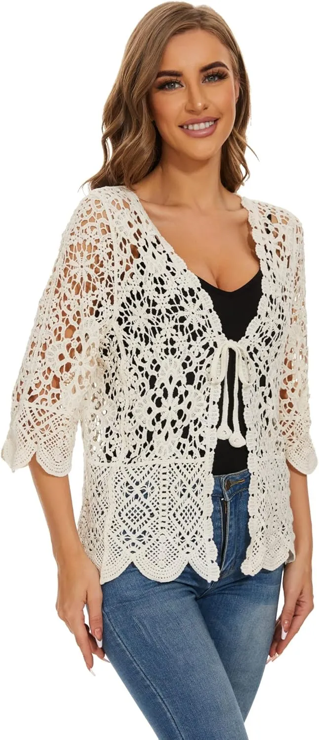 Women's Cotton Casual Floral Lace Crochet 3/4 Sleeve Cardigan Boho Cover Up