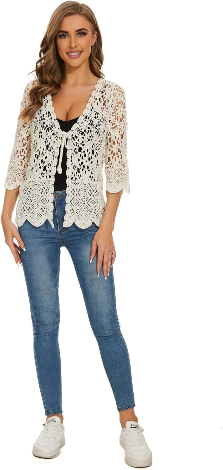 Women's Cotton Casual Floral Lace Crochet 3/4 Sleeve Cardigan Boho Cover Up