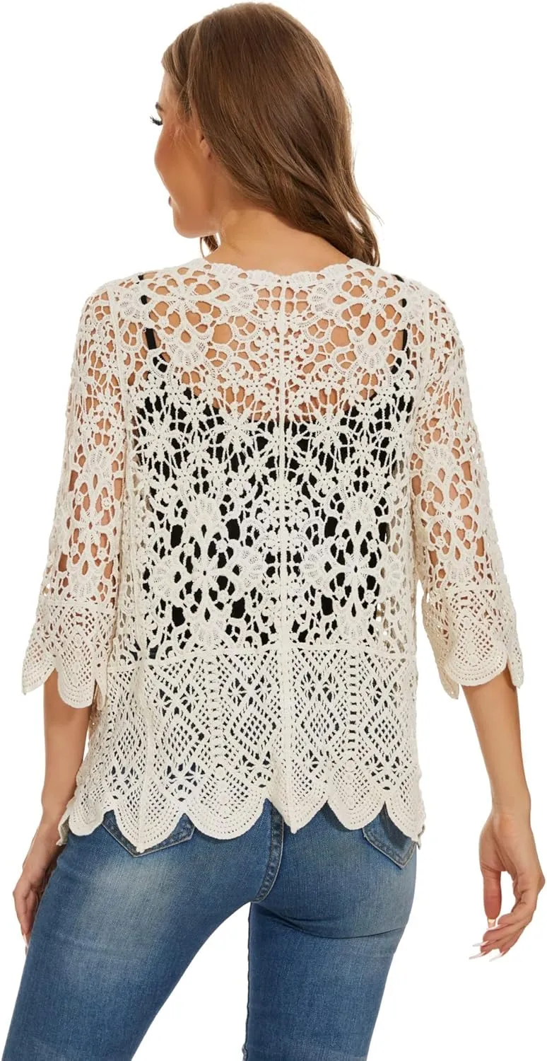 Women's Cotton Casual Floral Lace Crochet 3/4 Sleeve Cardigan Boho Cover Up