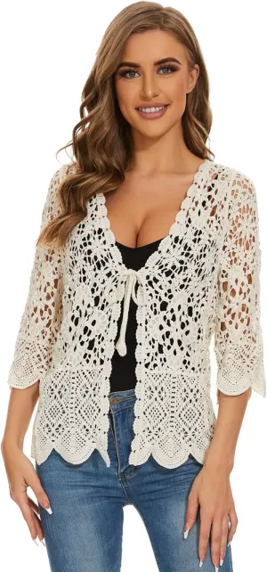 Women's Cotton Casual Floral Lace Crochet 3/4 Sleeve Cardigan Boho Cover Up