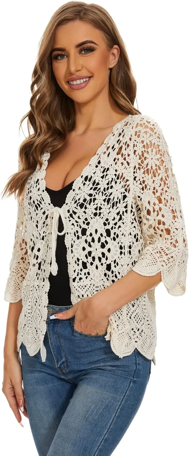 Women's Cotton Casual Floral Lace Crochet 3/4 Sleeve Cardigan Boho Cover Up