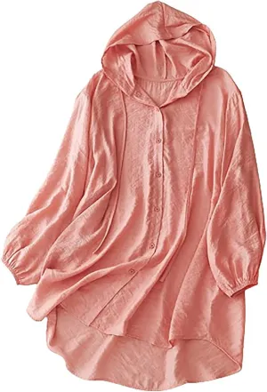 Womens Cotton Linen Hoodie Tops,Summer Fashion Hooded Long Sleeve Shirts Button Down Blouses for Women Dressy Casual
