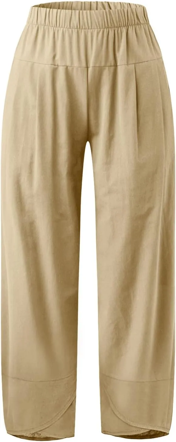 Women's Cotton Linen Summer Y2K Streetwear Palazzo Pants Elastic Waisted Bootcut Loose Fit Trouser Work Business